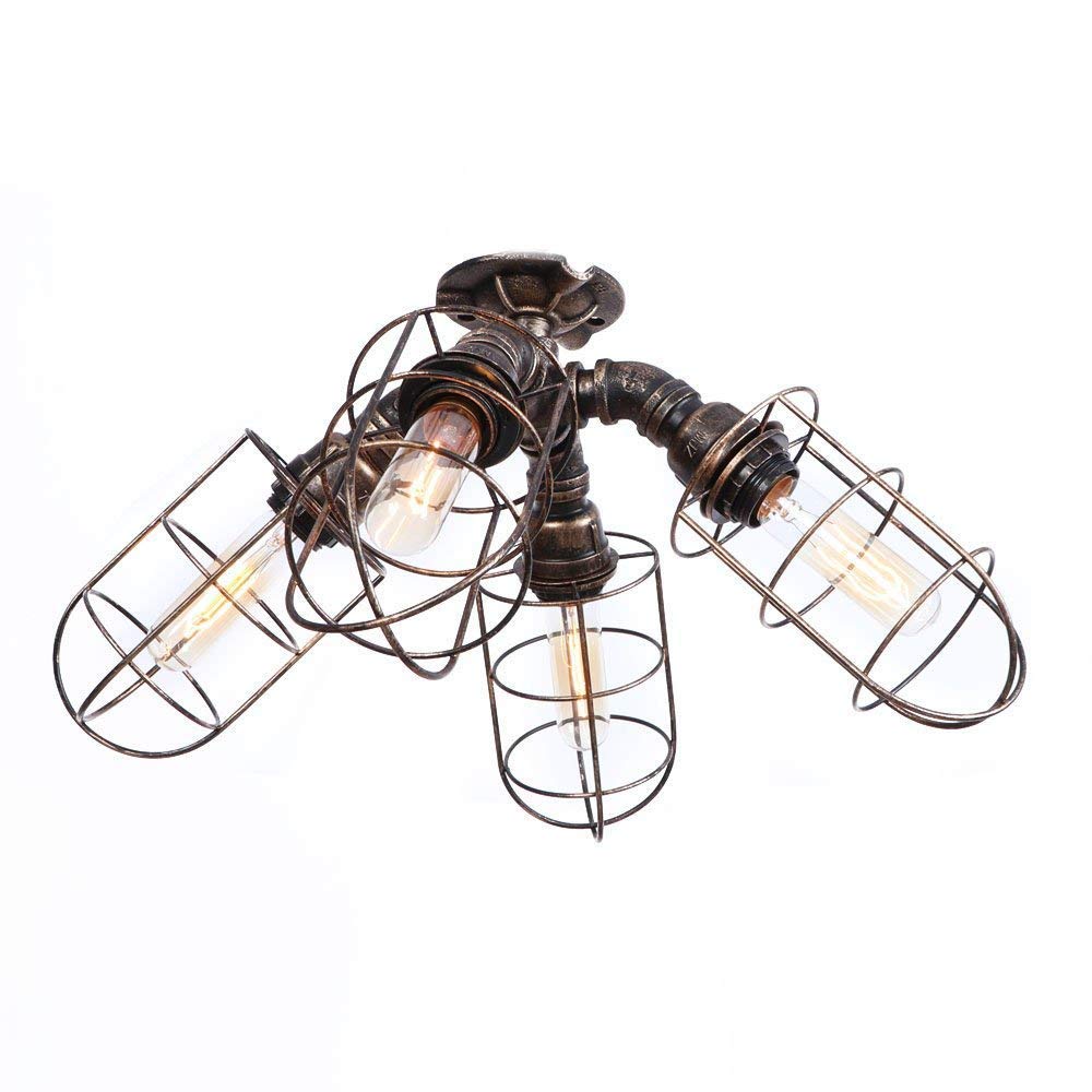 Vintage Industrial Ceiling Light Fixture - 4-Light Steampunk Metal Chandelier with E27 Edison Bulbs for Living Room, Stairwell & Loft | Retro Water Pipe Design, Nostalgic Ambiance Lighting