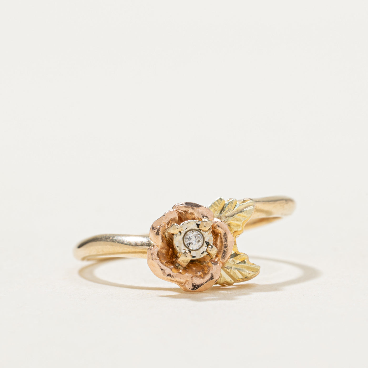 10K Two Tone Gold Diamond Rose Ring | 0.01ct Natural Diamond | Size 4.5 | Elegant Wedding Band, Anniversary Gift for Her, Valentine's Day Jewelry