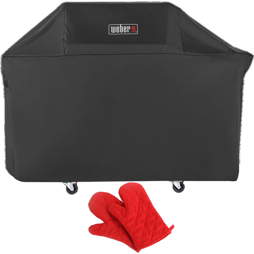 Weber 7757 Genesis 300 Series Premium Grill Cover - Black | Heat-Resistant BBQ Accessories Bundle with Deco Essentials Red Oven Mitts | Outdoor Cooking Protection for Gas Grills & Backyard BBQs