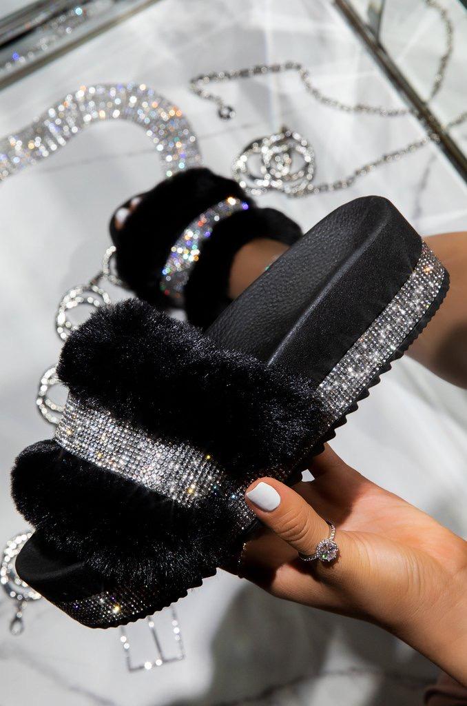Nia Black Fur Sandals for Women - Comfortable Winter House Slippers with Soft Faux Fur, Non-Slip Sole | Perfect for Indoor, Lounge, and Cozy Home Wear