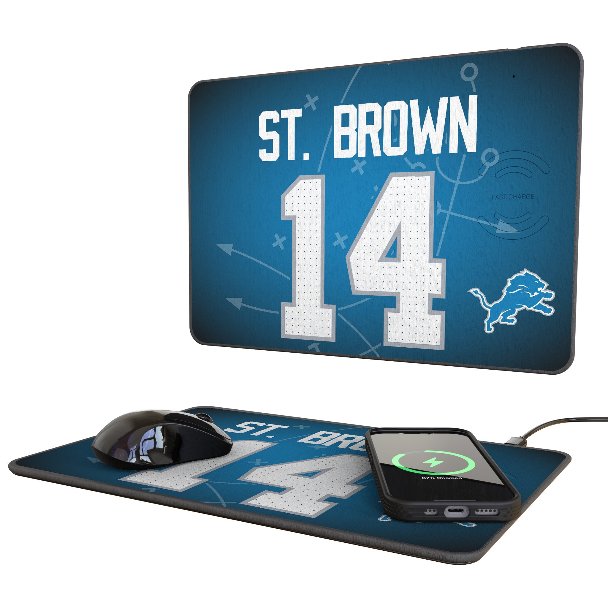 Amon Ra St. Brown Detroit Lions 14 Game Wireless Charging Mouse Pad - 15W Fast Charger for iPhone & Android - Perfect for Gaming, Office & Home Desk Setup