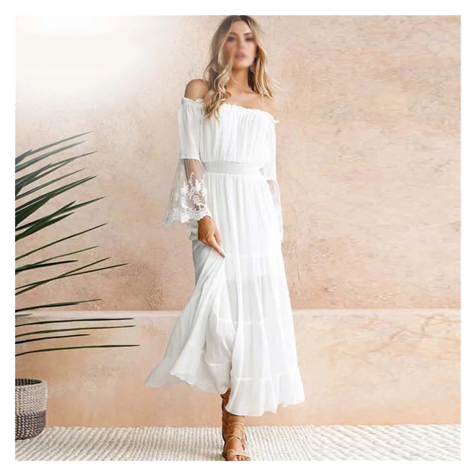 Women's Summer Sundress - Off-The-Shoulder Long-Sleeve Lace Chiffon Beach Dress (White, Size S) | Perfect for Beach Vacations, Pool Parties & Romantic Dates
