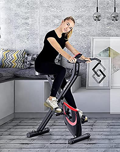 2-in-1 Magnetic Upright Workout Bike - Foldable Exercise Bike with 8-Level Adjustable Resistance, Arm Bands & LCD Monitor - Home Gym Equipment for Cardio & Strength Training (Perfect for Small Spaces & Full-Body Workouts)