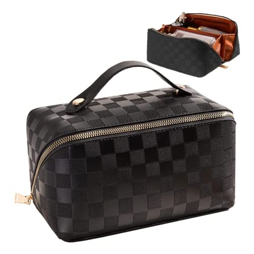 Large Capacity Travel Makeup Bag for Women - Waterproof Cosmetic Organizer with Multiple Pockets, Perfect for Travel, Gym & Daily Use (Black)