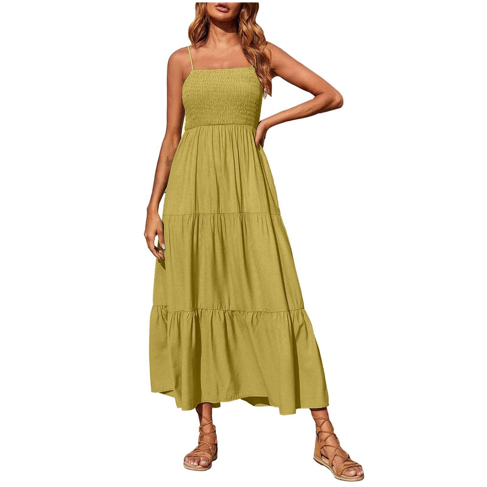 Bohemian Summer Long Dresses for Women - Spaghetti Strap Smocked Tiered Maxi Dress, Sleeveless Solid Beach Sun Dress | Perfect for Beach Vacations, Summer Parties and Casual Outings