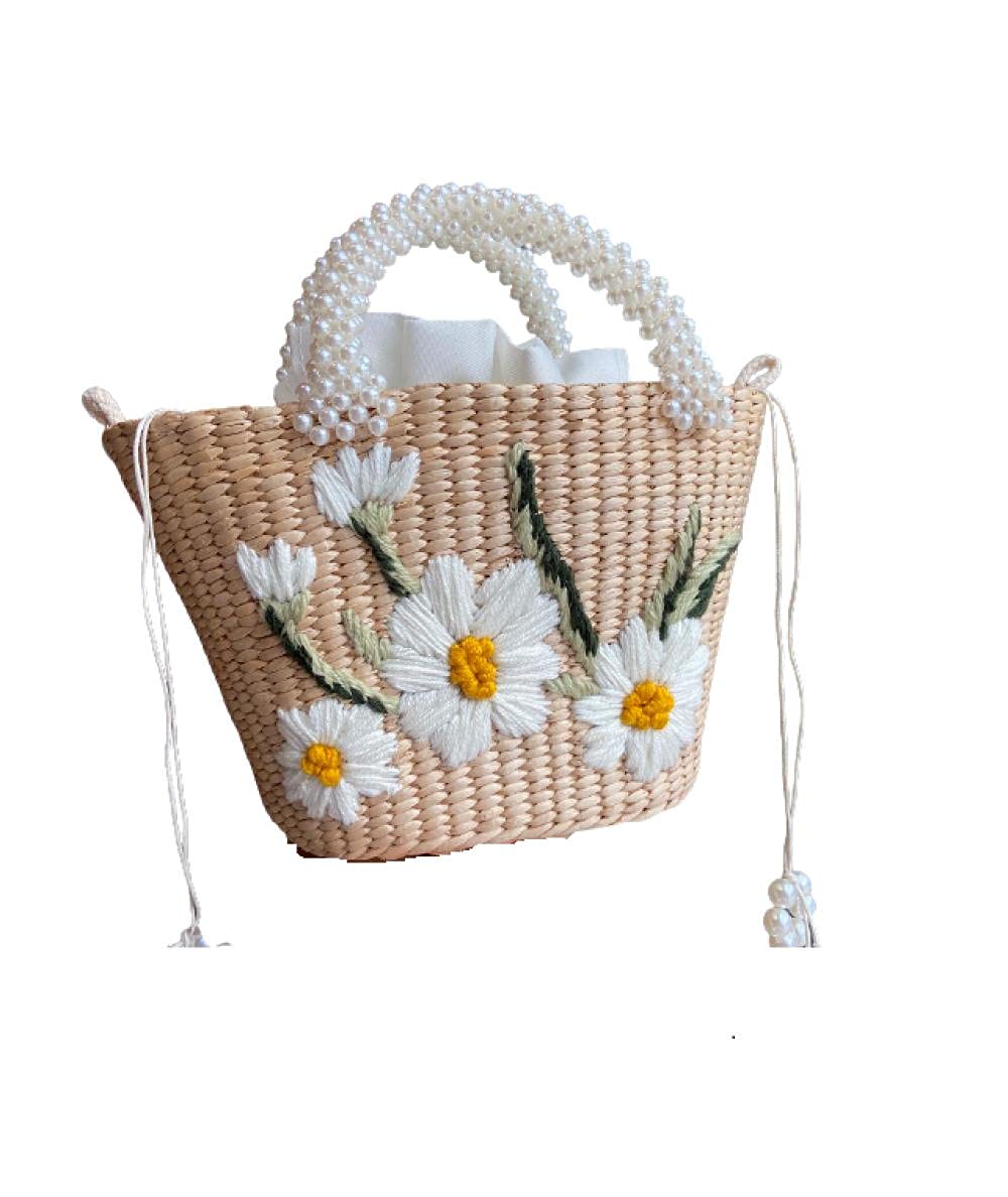 Handwoven Pearl Straw Tote Bag with Embroidered Flowers - Women's Crossbody Beach Bag for Holiday, Shopping & Summer Outfits