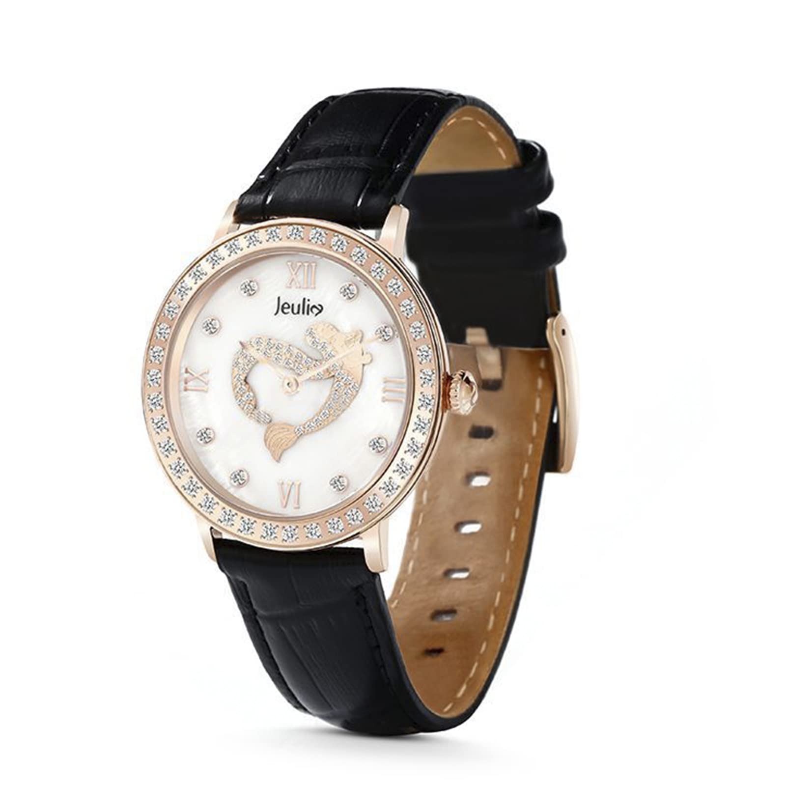 Jeulia Women's Diamond Watches - Genuine Quartz Slim Leather Wristwatch for Business & Sports | Black/Brown/white Stainless Steel Band | Unisex Mermaid Design for Office, Dating & Everyday Wear