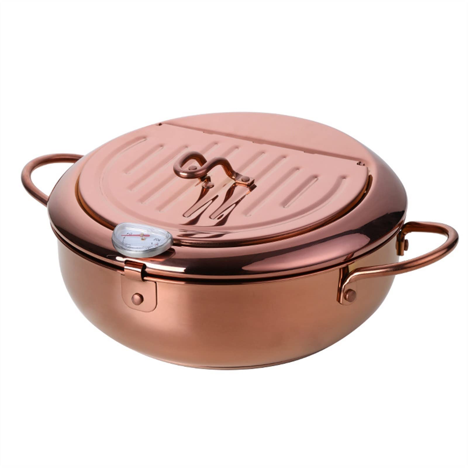 Tolalo Japanese Style Stainless Steel Deep Fryer Pot with Thermometer Lid - Non-Stick Tempura Frying Pot for Kitchen & Outdoor Cooking (Rose Gold) - Perfect for Home Chefs, Camping & Party Cooking