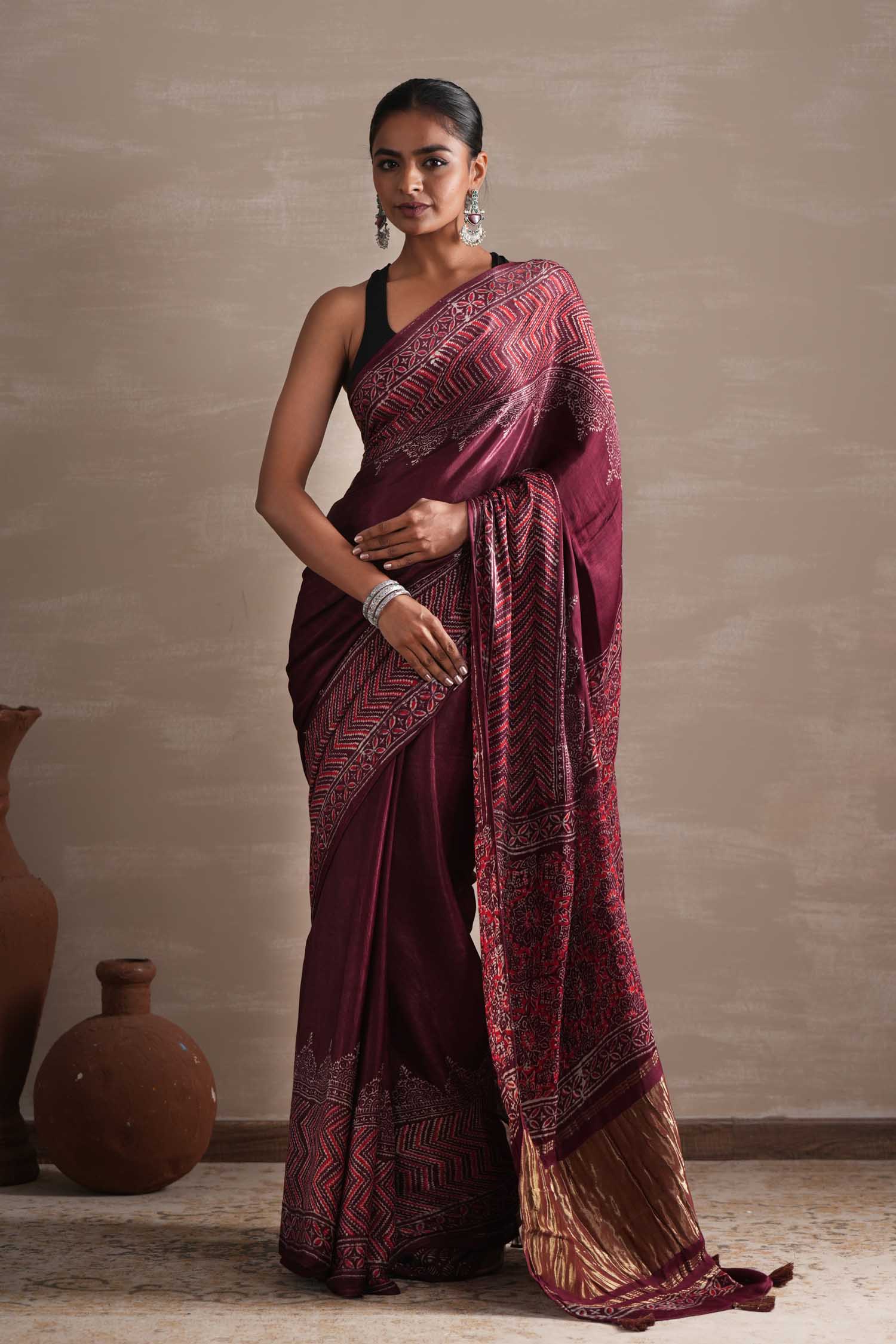 Handmade Vermilion Veil Block Printed Modal Saree - Lightweight & Breathable for Weddings, Parties & Festive Occasions