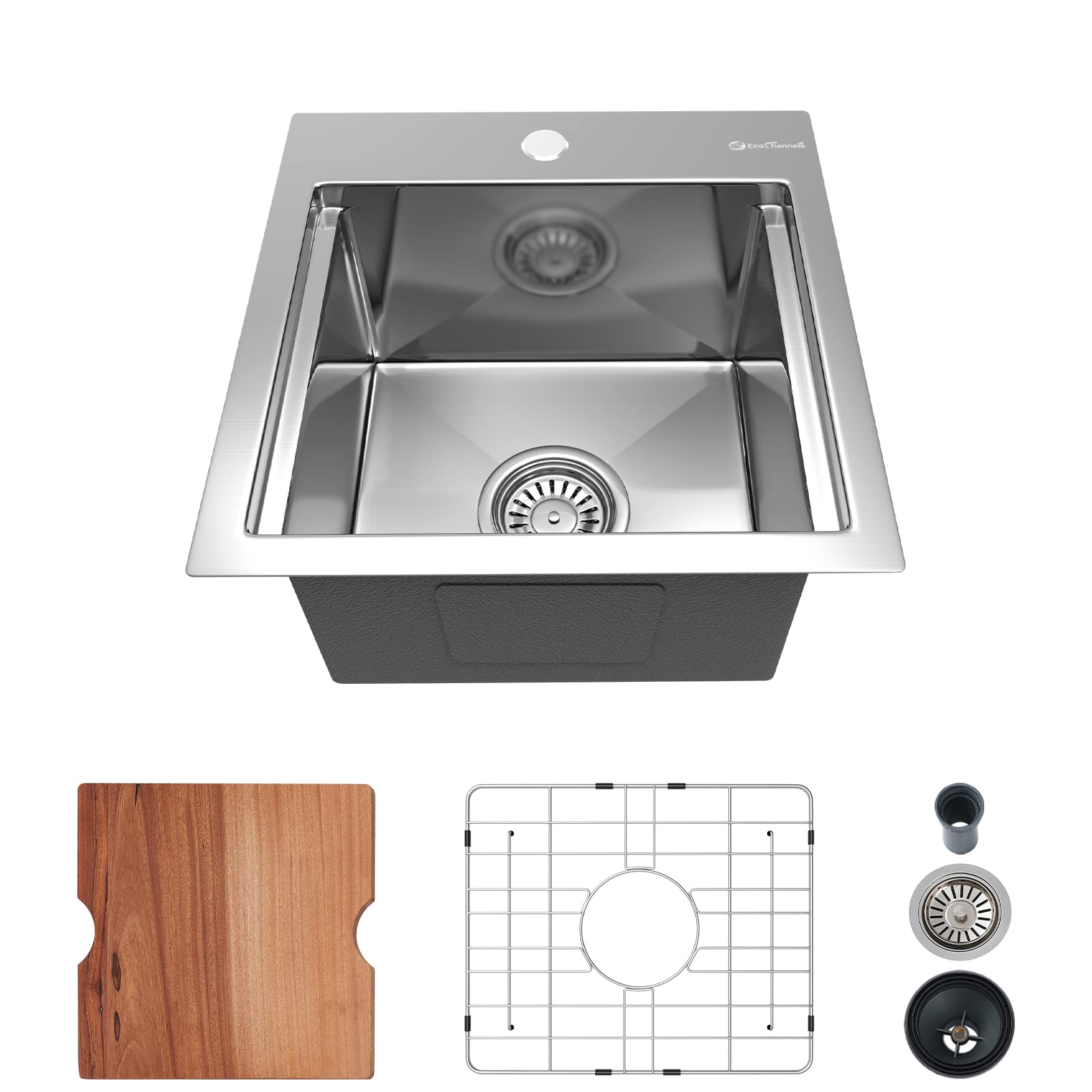15x15x10 Inch Stainless Steel Drop-in Kitchen Sink - 16 Gauge Single Bowl Bar Prep Sink with Cutting Board | EcoChannels Small Workstation Sink for Compact Kitchens, RV Bars & Food Prep Stations