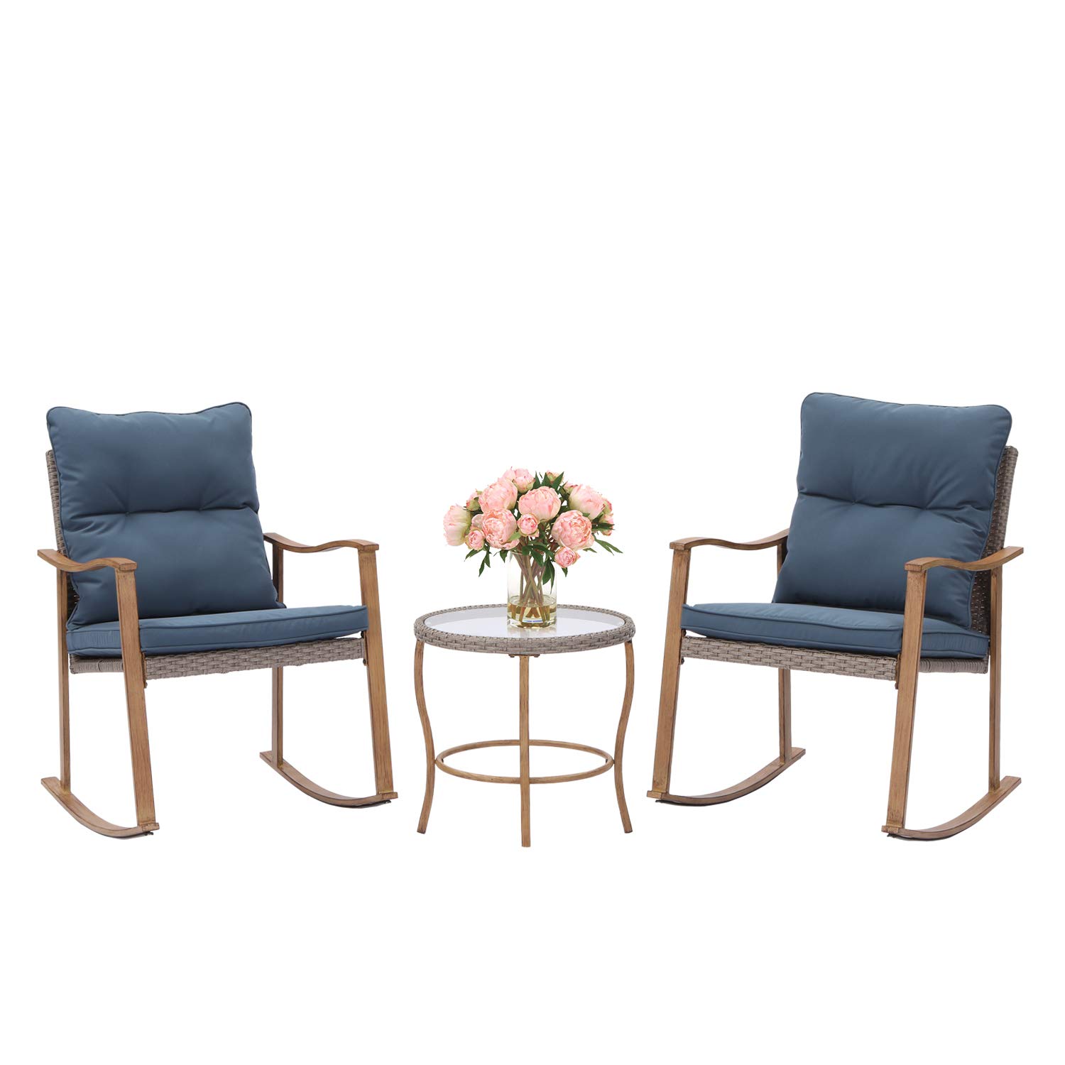 HOMPUS 3-Piece Outdoor Rocking Chair Set with Wicker Patio Furniture, Wood Armrests & Warm Gray Cushions - Includes Glass Coffee Table for Porch, Balcony, Garden | Perfect for Relaxing, Entertaining & Outdoor Dining