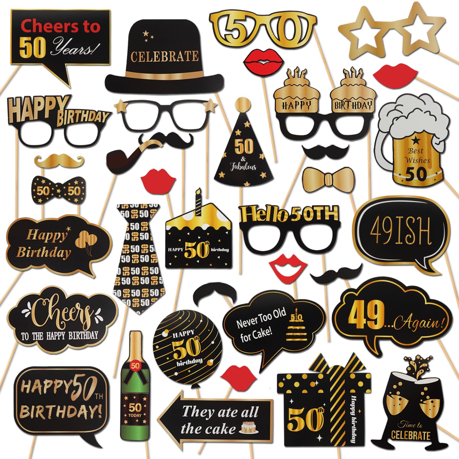 Happy 50th Birthday Party Photo Booth Props Set - Cheers to Fifty Years Old Bday Decorations, Centerpieces & Signs - Perfect for Birthday Celebrations, Milestone Parties & Family Gatherings