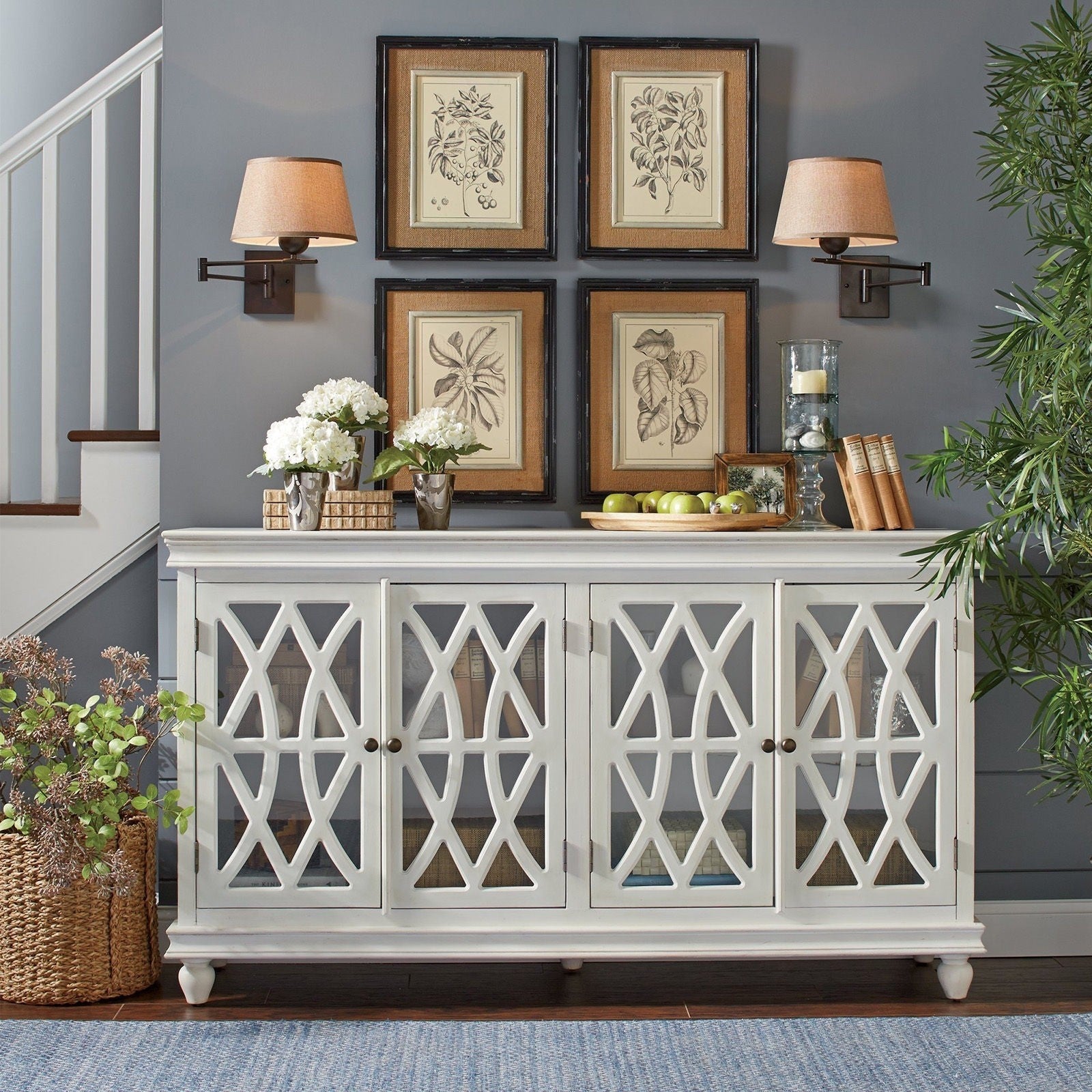 French Arched Hand-Carved Glass Doors Buffet Sideboard - White 180x40x90cm - Elegant Dining Room Storage & Display Cabinet for Home Decor