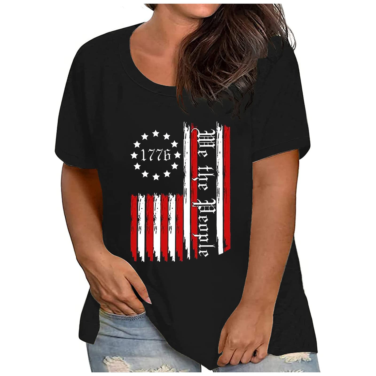 Patriotic Women's USA Flag T-Shirt - Plus Size Summer Short Sleeve Crewneck Loose Fit Casual Top | Perfect for 4th of July, Memorial Day & Independence Day Celebrations