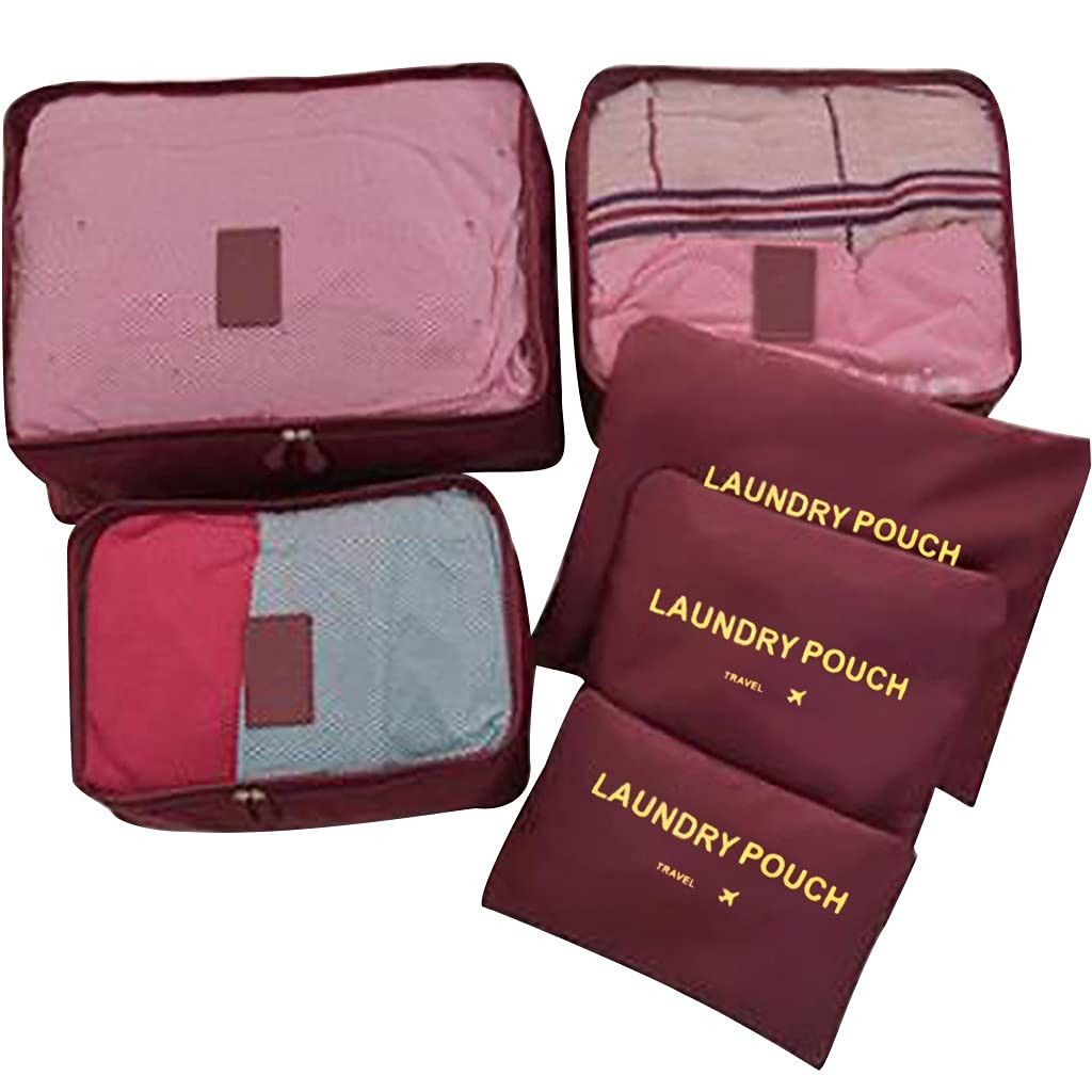 Waterproof Travel Storage Bags Set - 6-Piece for Clothes, Underwear & Shoes - Luggage Organizer for Vacation, Camping & Gym (Red)