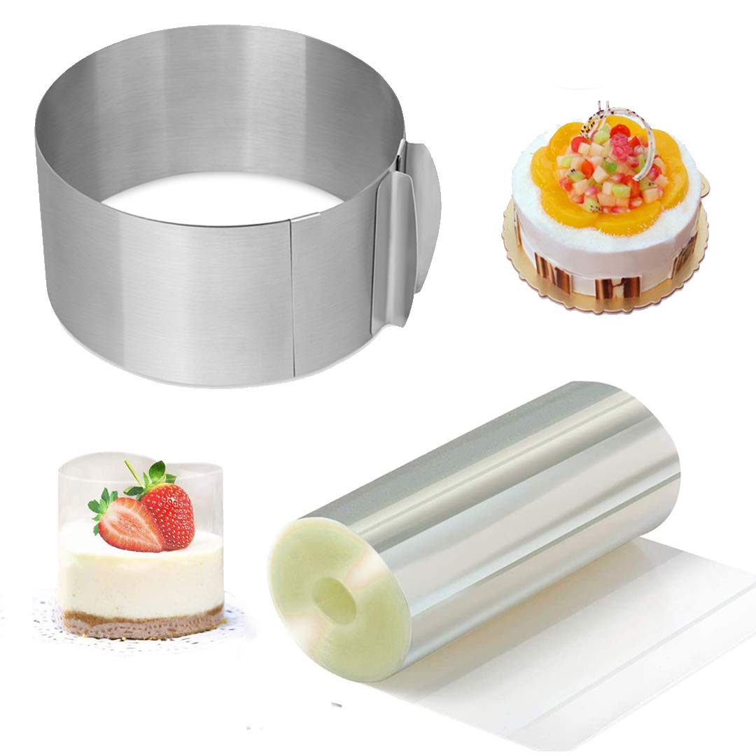 Adjustable Cake Mold Mousse Ring & Cake Collar Set - Heavy Duty 6-12 Inch Round Baking Ring for Cheesecake, Mousse, and Layered Desserts - Includes Acetate Roll for Professional Cake Decorating at Home