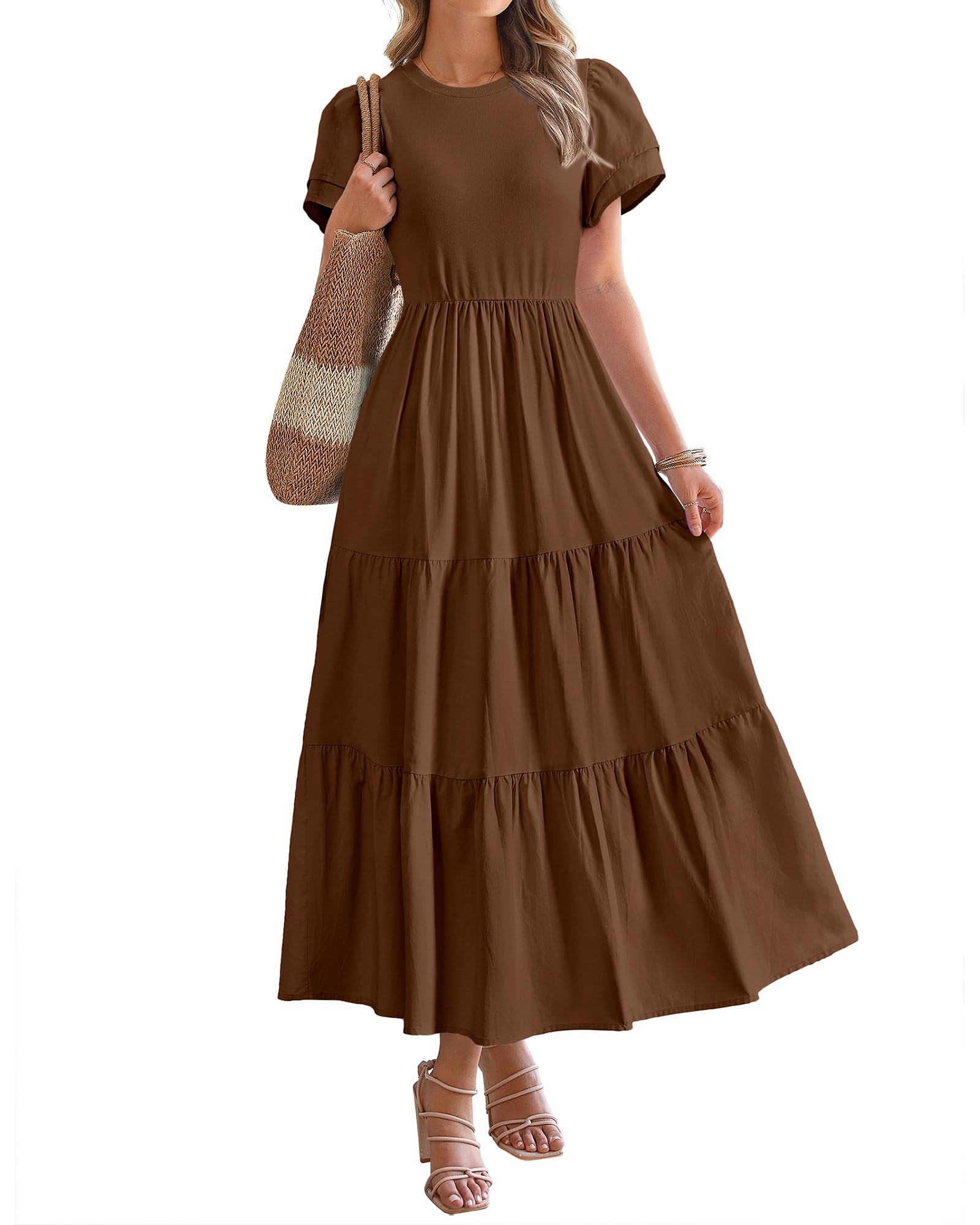 BTFBM Women's Casual Summer Maxi Dress 2025 - Boho Flowy Tiered Beach Dress with Pockets, Crewneck Short Sleeve for Spring & Summer Vacations | Perfect for Beach Outings, Travel, and Casual Wear