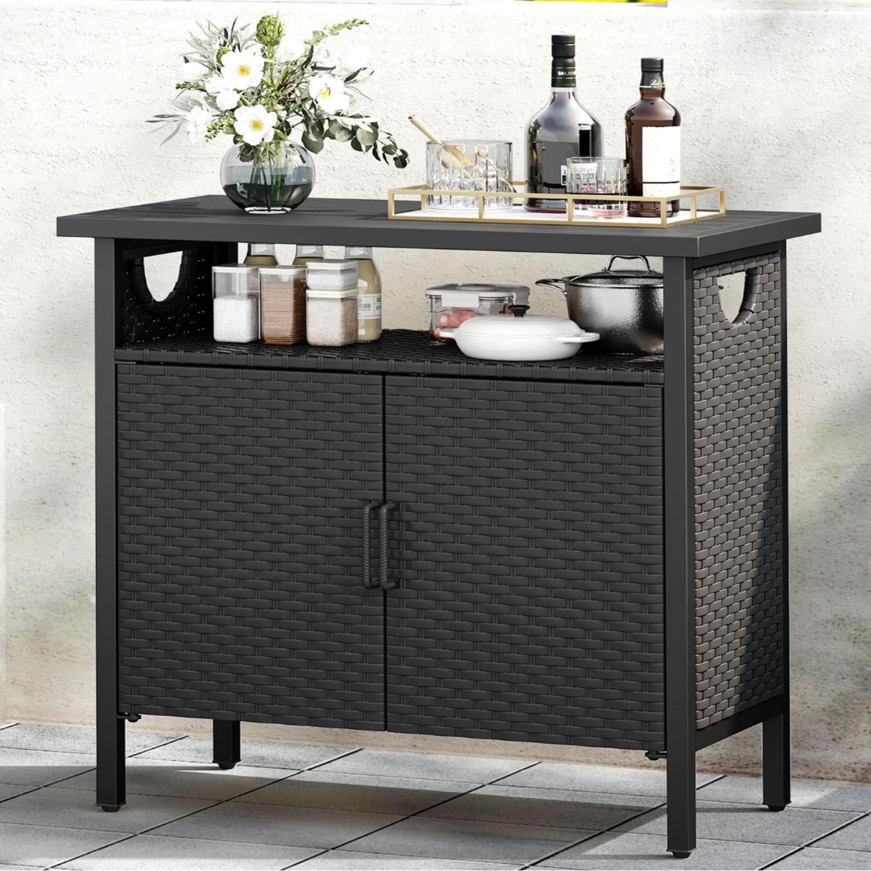 YITAHOME Outdoor Storage Cabinet with Seat - Black Wicker Patio Deck Bench for Cushions, Pool Toys & Garden Supplies | Perfect for Backyard, Poolside & Patio Organization