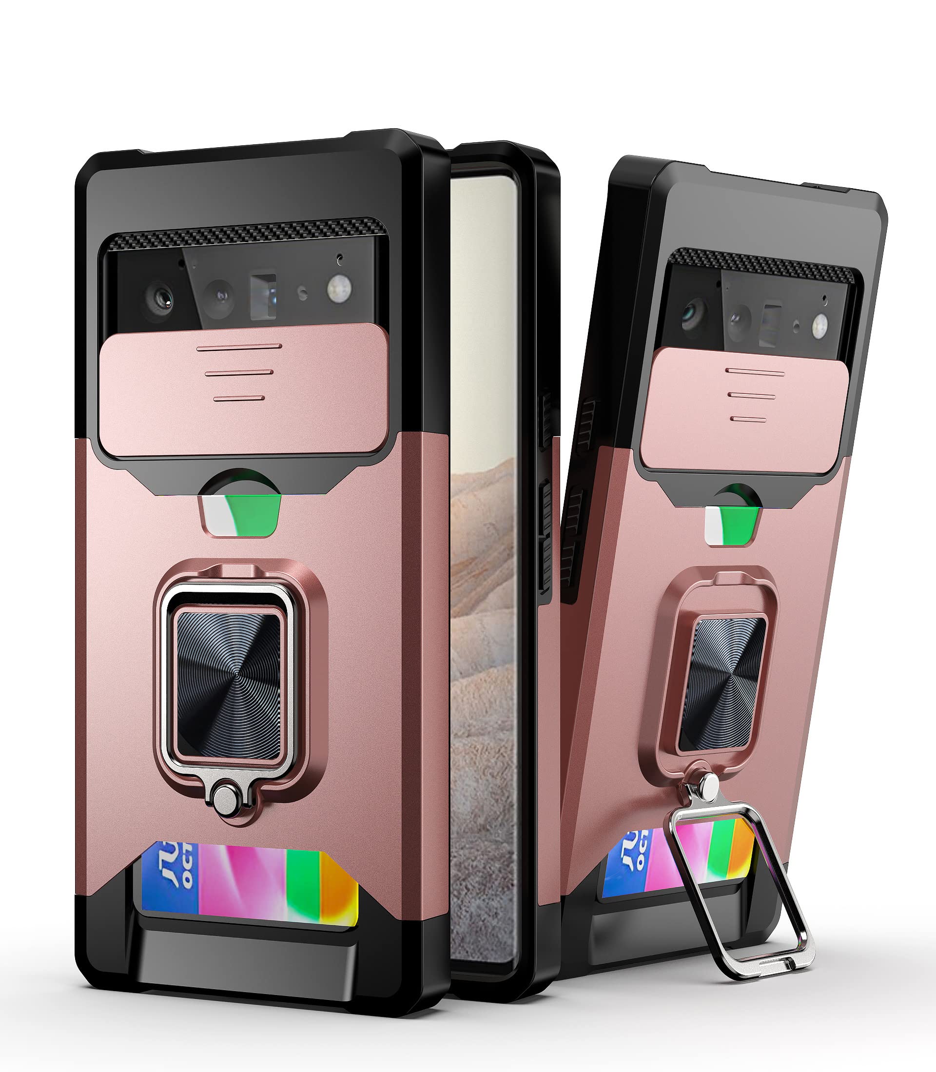 360° Rotating Kickstand Ring Armor Case for Google Pixel 6 Pro 5G (2021) - Rose Gold Protective Bumper with Lens Cover & Card Holder | Perfect for Travel, Work, and Outdoor Activities