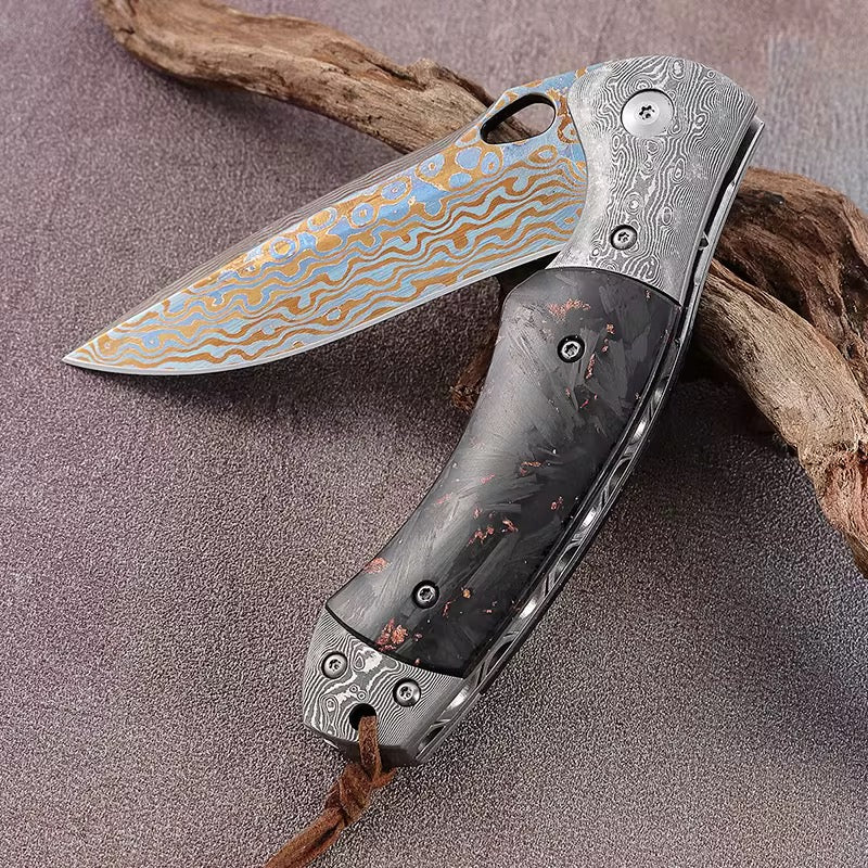 Premium Centurion Timascus Pocket Knife - Crushed Carbon Fiber Handle & Leather Sheath - EDC, Outdoor, Camping & Survival Gear