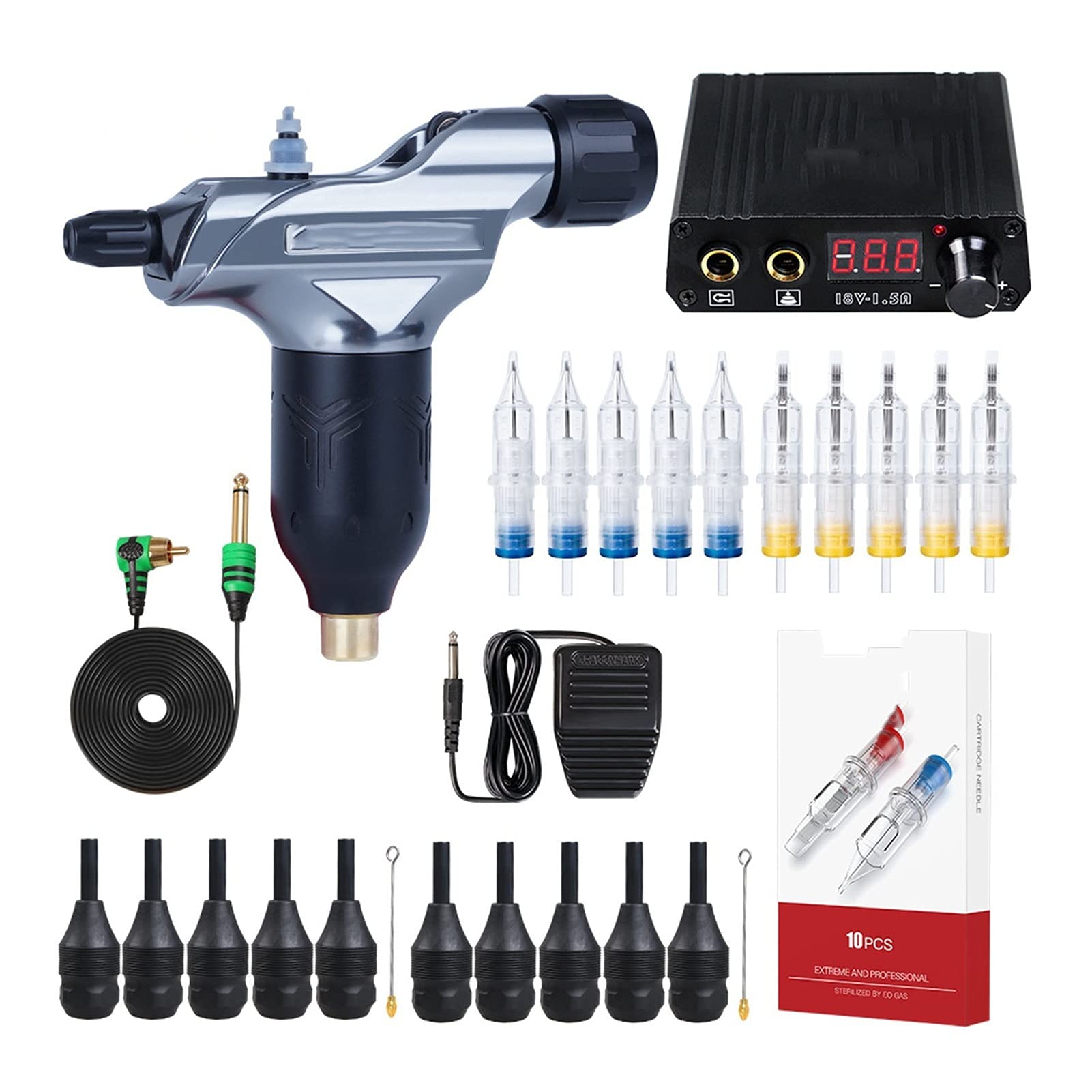 Professional Adjustable Rotary Tattoo Machine Gun with LCD Power Supply - Soft & Hard Settings, RCA Connector, Makeup Cartridges & Needles Kit - Perfect for Tattoo Artists, Beginners & Permanent Makeup Studios