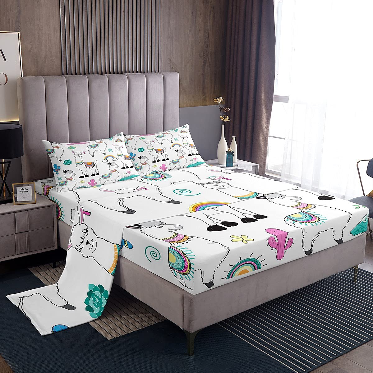 Cute Llama & Alpaca Queen Bed Sheet Set for Girls - Boho Cactus Print Kids Bedding (1 Flat Sheet, 1 Fitted Sheet, 2 Pillowcases) - Soft & Breathable Cotton - Perfect for Kids' Rooms, Sleepovers & Nursery Decor