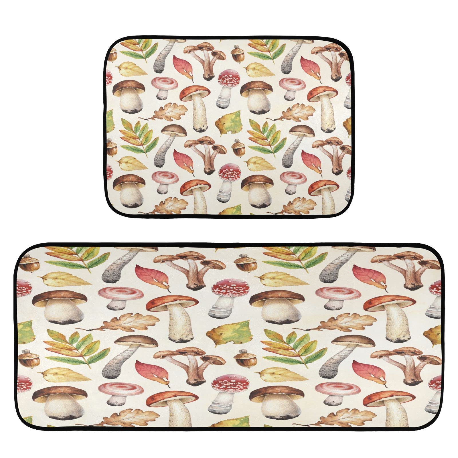 ALAZA 2-Piece Mushroom Kitchen Rug Set - Non-Slip, Waterproof for Sink & Laundry Areas