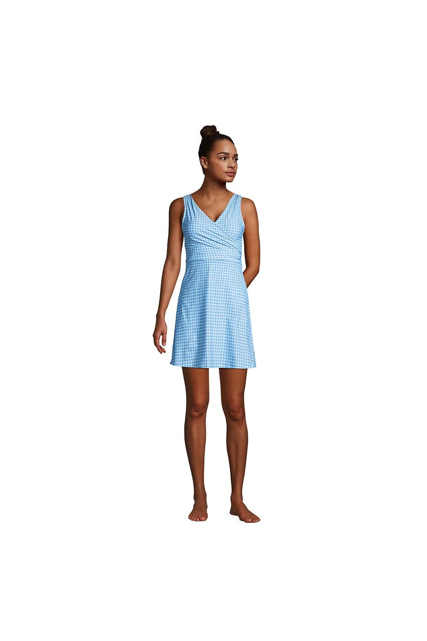 Lands' End Women's Tummy Control Surplice Wrap Swim Dress One Piece Swimsuit - Slimming Bathing Suit for Beach, Pool & Vacation | Plus Size Swimwear with UPF 50+ Sun Protection