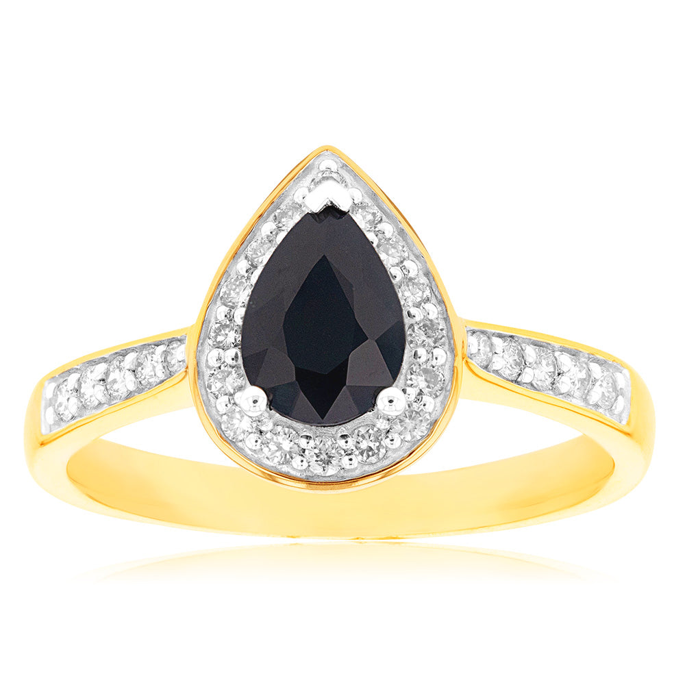 9ct Yellow Gold 1ct Natural Sapphire & 0.2ct Diamond Pear Halo Engagement Ring - Perfect for Proposals, Anniversaries & Special Occasions