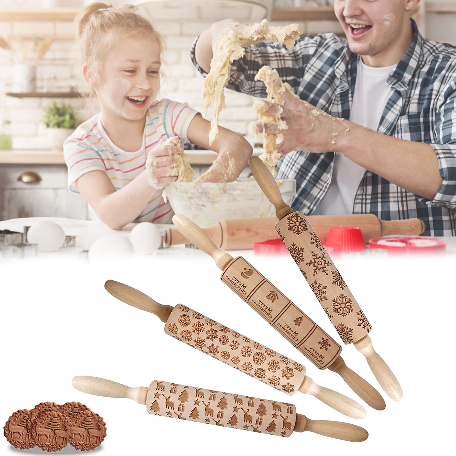 3D Wooden Christmas Rolling Pin for Baking Cookies - Natural Carved Engraved Embossing Rolling Pin - Perfect Holiday Kitchen Tool for Cookie Making & Pastry Decorating
