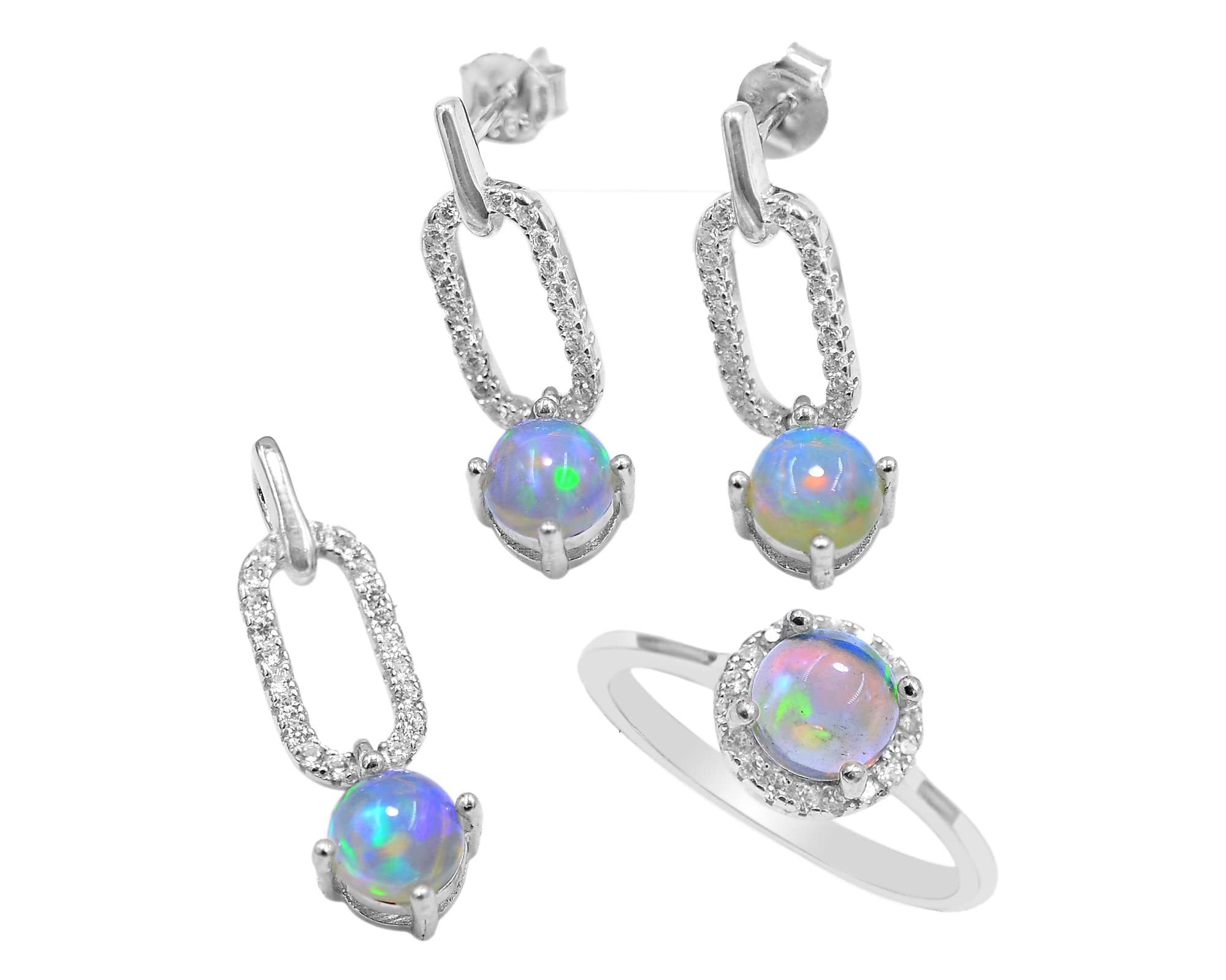 925 Sterling Silver Natural Ethiopian Opal Cabochon Jewelry Set - Ring, Earrings & Pendant | October Birthstone Gift for Brides, Weddings & Special Occasions | Perfect for Bridal Shower, Anniversary & Birthday Presents