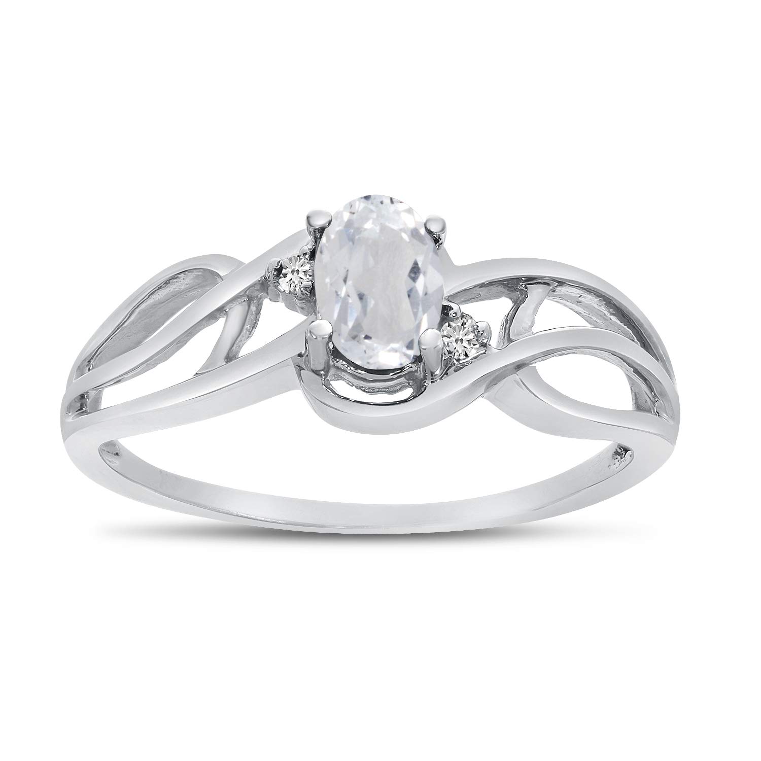 10K White Gold Oval White Topaz & Diamond Curved Ring for Women - Elegant Bridal, Engagement & Anniversary Jewelry Gift