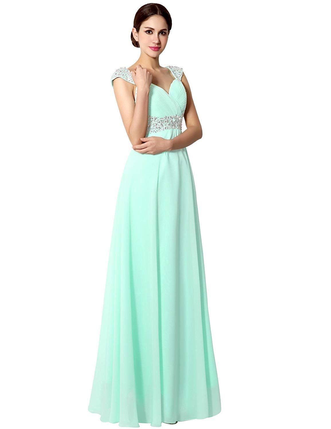 Sarahbridal Women's Elegant Beaded Sequin Chiffon Long Prom Dress - Cap Sleeve Bridesmaid Gowns for Wedding, Formal Events & Evening Parties