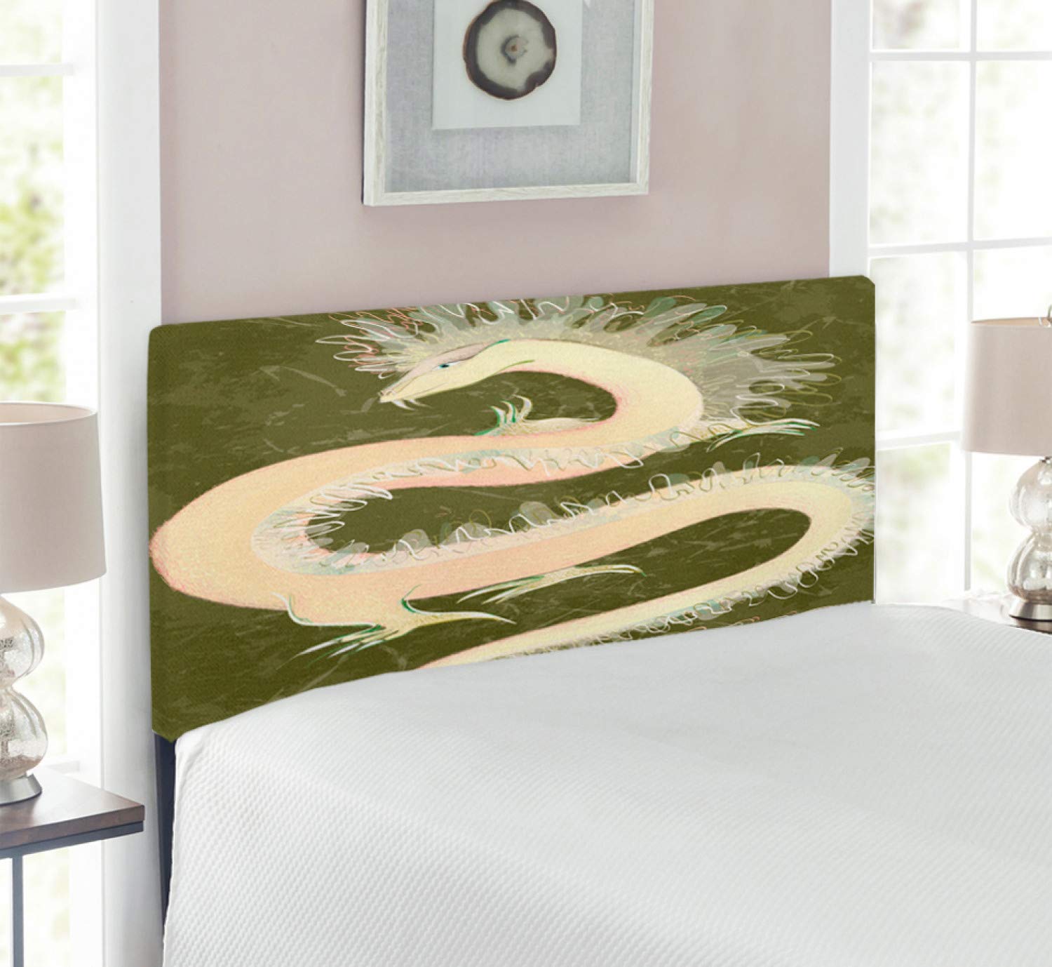 Ambesonne Dragon Headboard - Chinese Reptile Dragon Eastern Culture Medieval Themed Upholstered Metal Bed Headboard with Memory Foam - Twin Size Yellow & Green - Perfect for Asian-Themed Bedrooms & Fantasy Decor