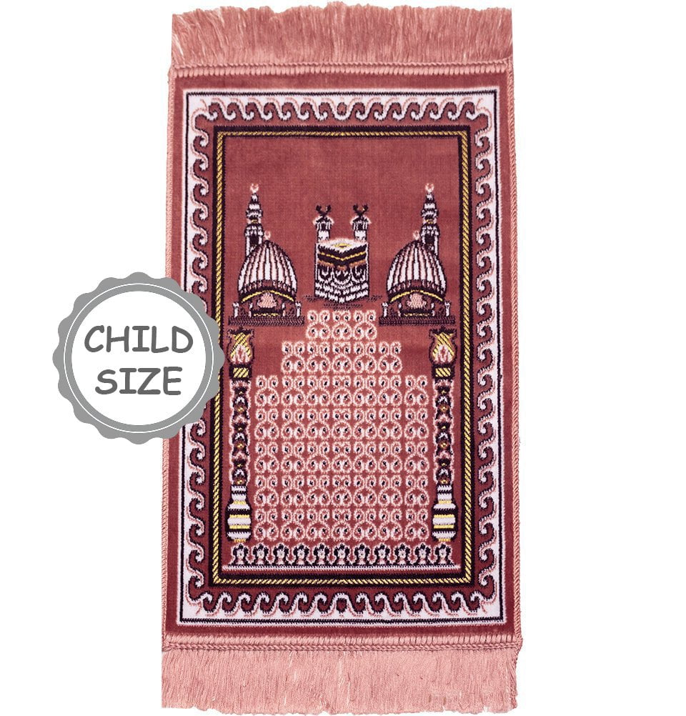 Child Velvet Islamic Prayer Rug with Kaba & Mosque Design - Rose Pink for Kids' Salah & Prayer Time at Home or Mosque