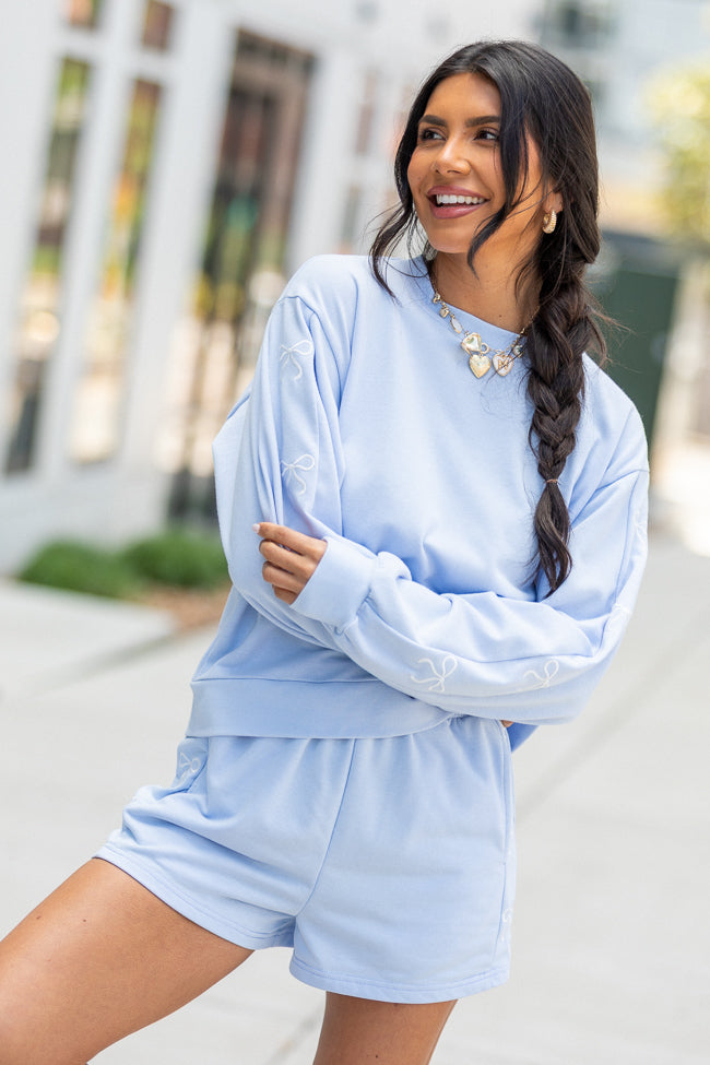 Light Blue Bow Crewneck Long Sleeve Sweatshirt for Women - Soft Casual Pullover Top for Everyday Wear | Perfect for Outfits, Dates & Cozy Loungewear