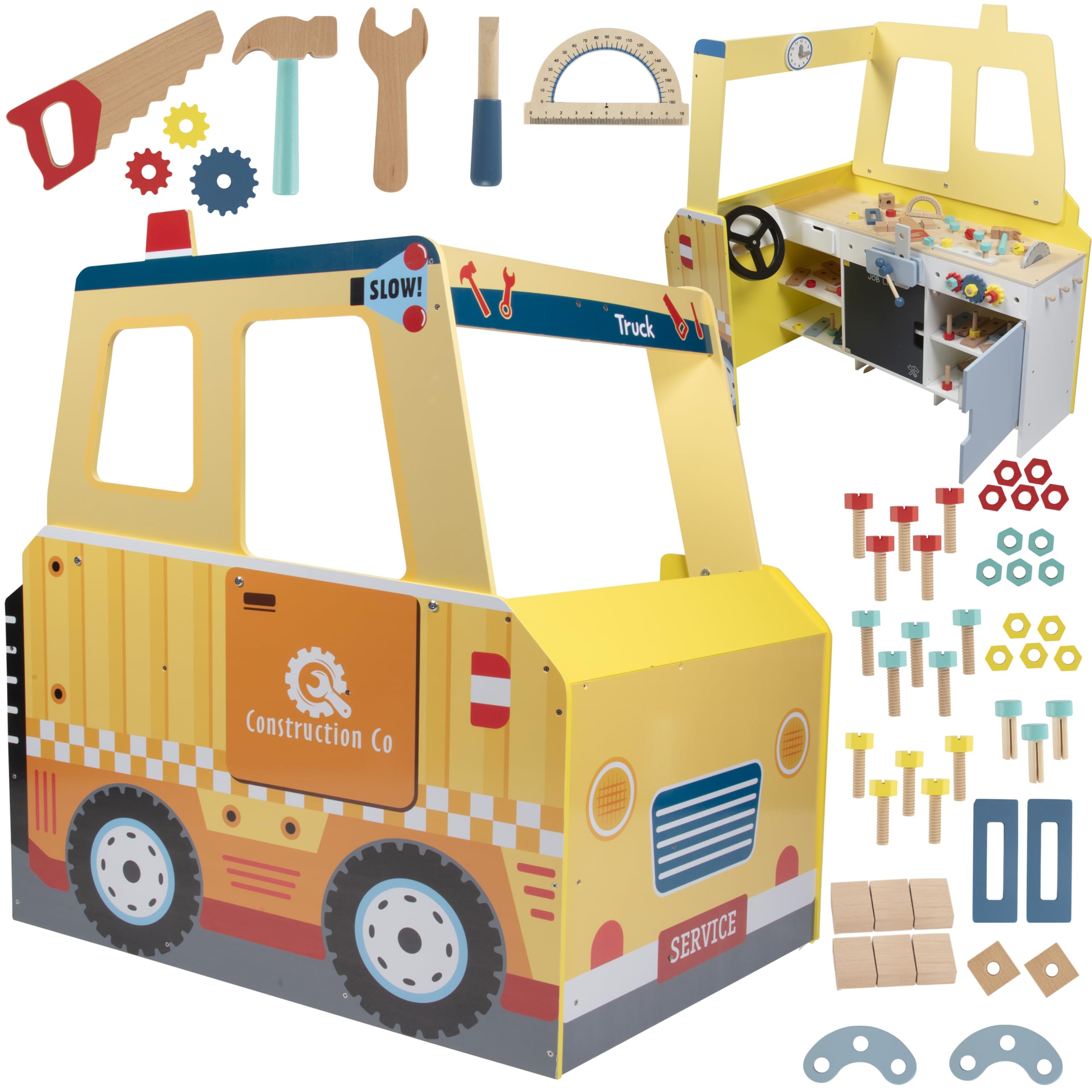 Construction Truck Wooden Playset with 60+ Toy Pieces - Pretend Play Hammer, Saw, Bolts & Screws - Spinning Turn Saw & Steering Wheel - Dual-Sided Play Stand & Workbench - Perfect Kids Gift for Building & Pretend Play - Great for Indoor Playtime & STEM Learning