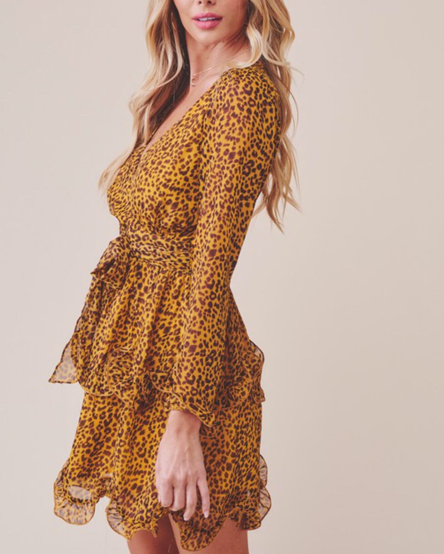 Becca Women's Animal Print Yellow Long Sleeve Dress - Casual Party Wear for Fall & Winter Fashion