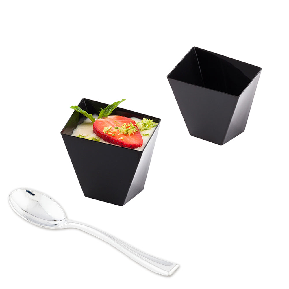 100 Pack 2 oz Square Black Plastic Dessert Cups with 100 Silver Mini Plastic Spoons - Perfect for Parties, Catering, and Dessert Serving