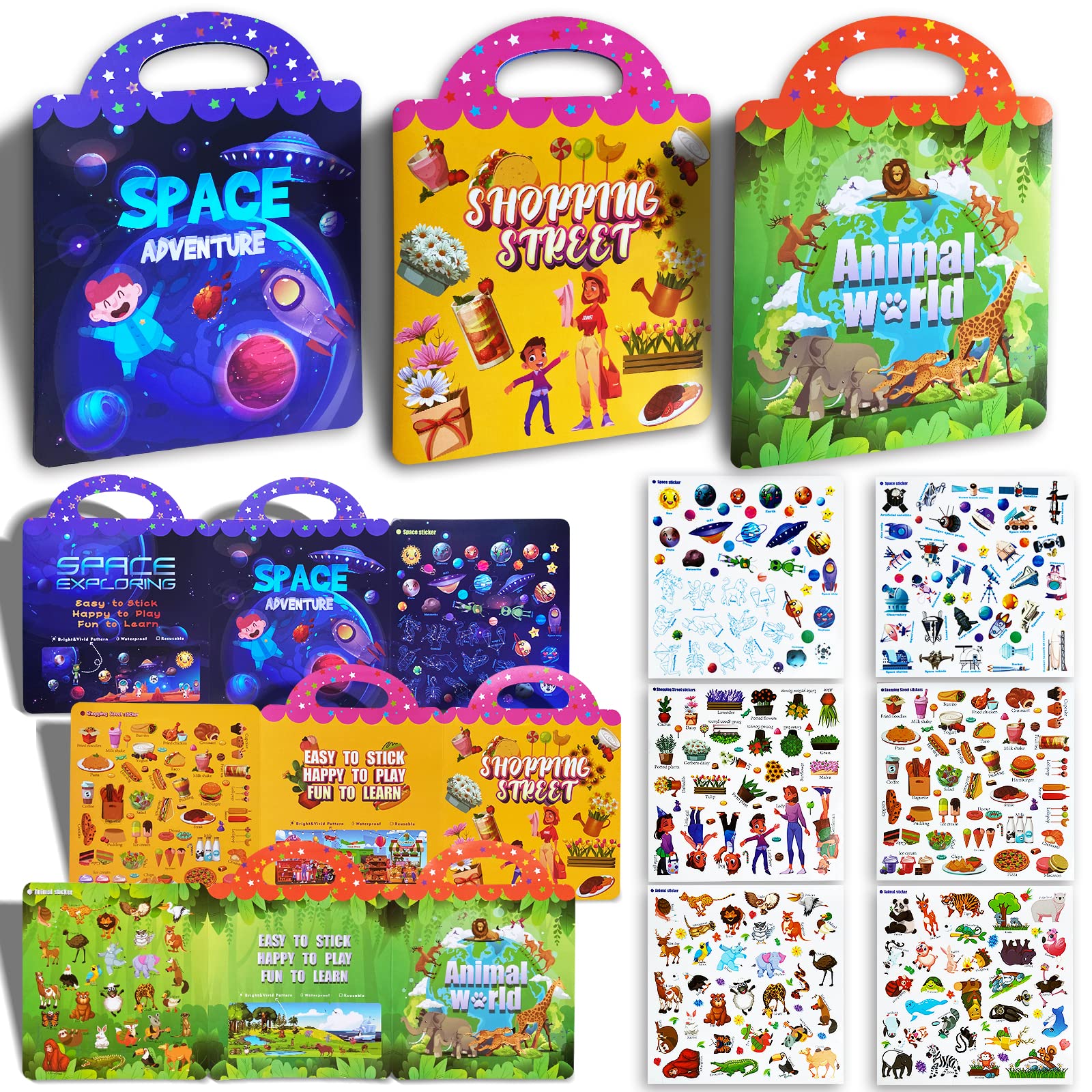 Reusable Sticker Books for Kids Ages 2-4 - Fun Preschool Learning Toys with Cute Animal, Shopping Street & Space Stickers - Perfect Educational Birthday Gifts for Toddler Boys & Girls - Great for Home, Classroom & Travel Activities