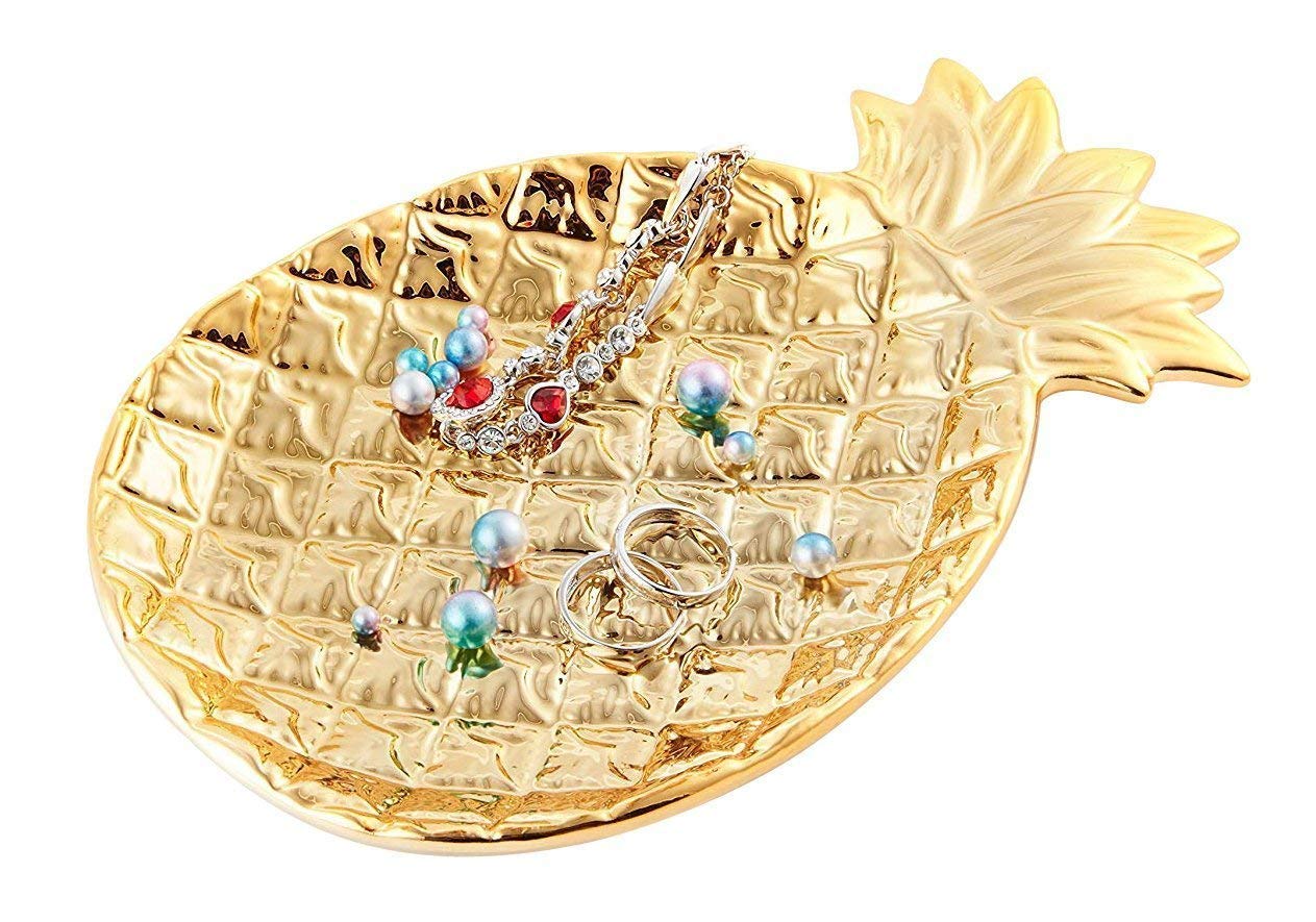Lependor Golden Pineapple Ceramic Jewelry Tray - Large Decorative Ring Dish & Organizer for Jewelry, Watches, Keys, Phone, Wallet - Perfect for Wedding, Birthday Gifts & Home Decor - Elegant Tabletop Display for Bedroom, Bathroom, Dresser