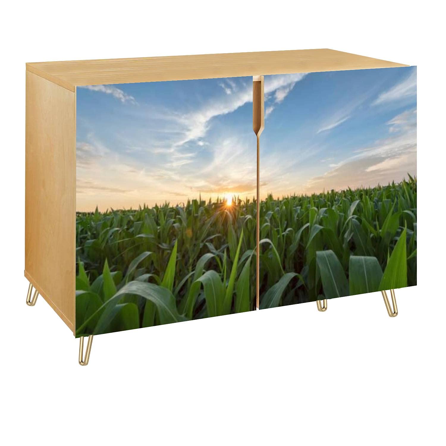 Green Cornfield Sunrise Wooden Accent Cabinet - 2 Door Storage Table, Bar Cabinet & TV Stand for Living Room, Kitchen, Hallway Entryway | Rustic Farmhouse Decor for Home & Office