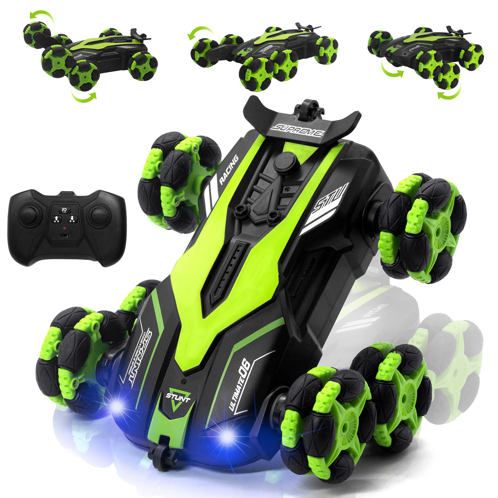 AGNEVE 2.4GHz RC Stunt Car with 360° Flips & LED Lights - 6-Wheel Remote Control Toy for Kids & Adults, Indoor/Outdoor Play - Perfect for Birthday Gifts, Backyard Racing & Family Fun (Green)