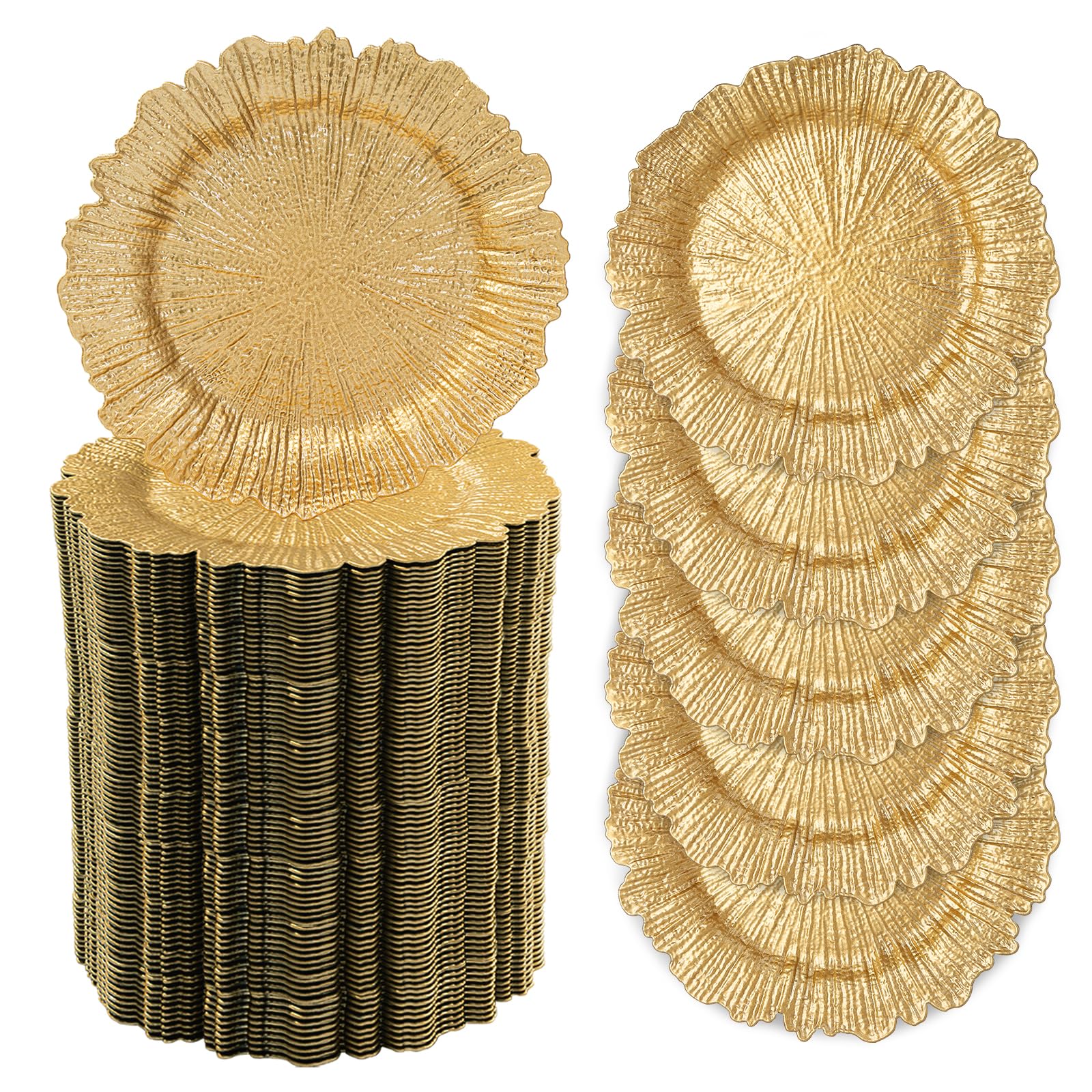 MAONAME 13-Inch Gold Charger Plates - Set of 100 Plastic Reef Plate Chargers for Wedding, Party & Formal Dining Decor - Elegant Round Dinner Plate Base for Table Settings