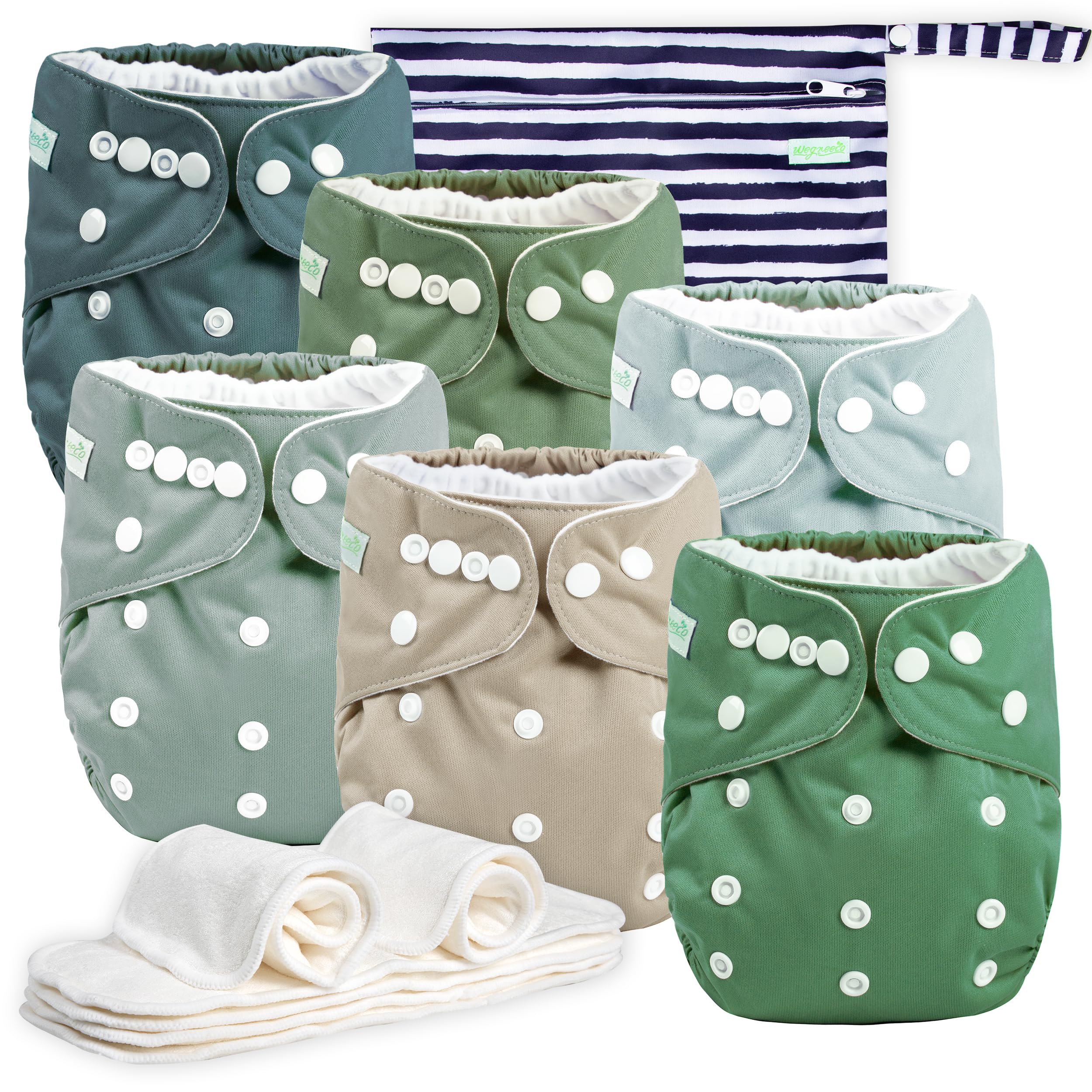 Wegreeco 6 Pack Cloth Diapers with Inserts & Wet Bag - Adjustable Reusable Washable Baby Diapers for Boys & Girls (Morandi Green) - Perfect for Daycare, Travel & Eco-Friendly Parenting