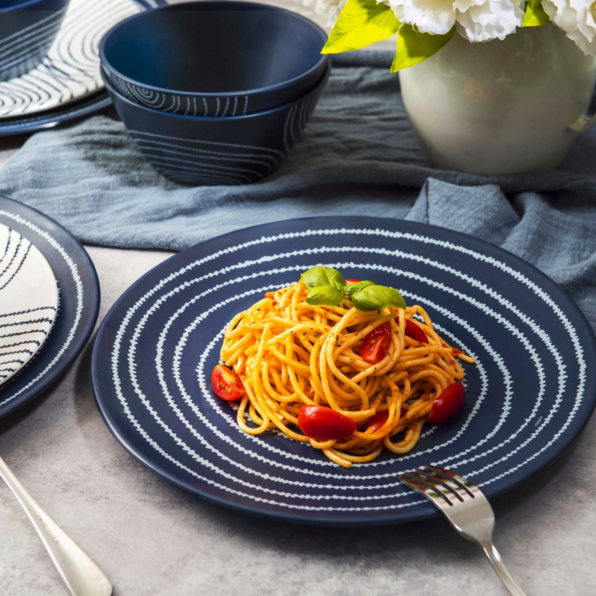 12-Piece Planet Melamine Dinnerware Set - French Navy Blue Plates & Bowls for Outdoor Picnics, Camping, and Durable Everyday Use