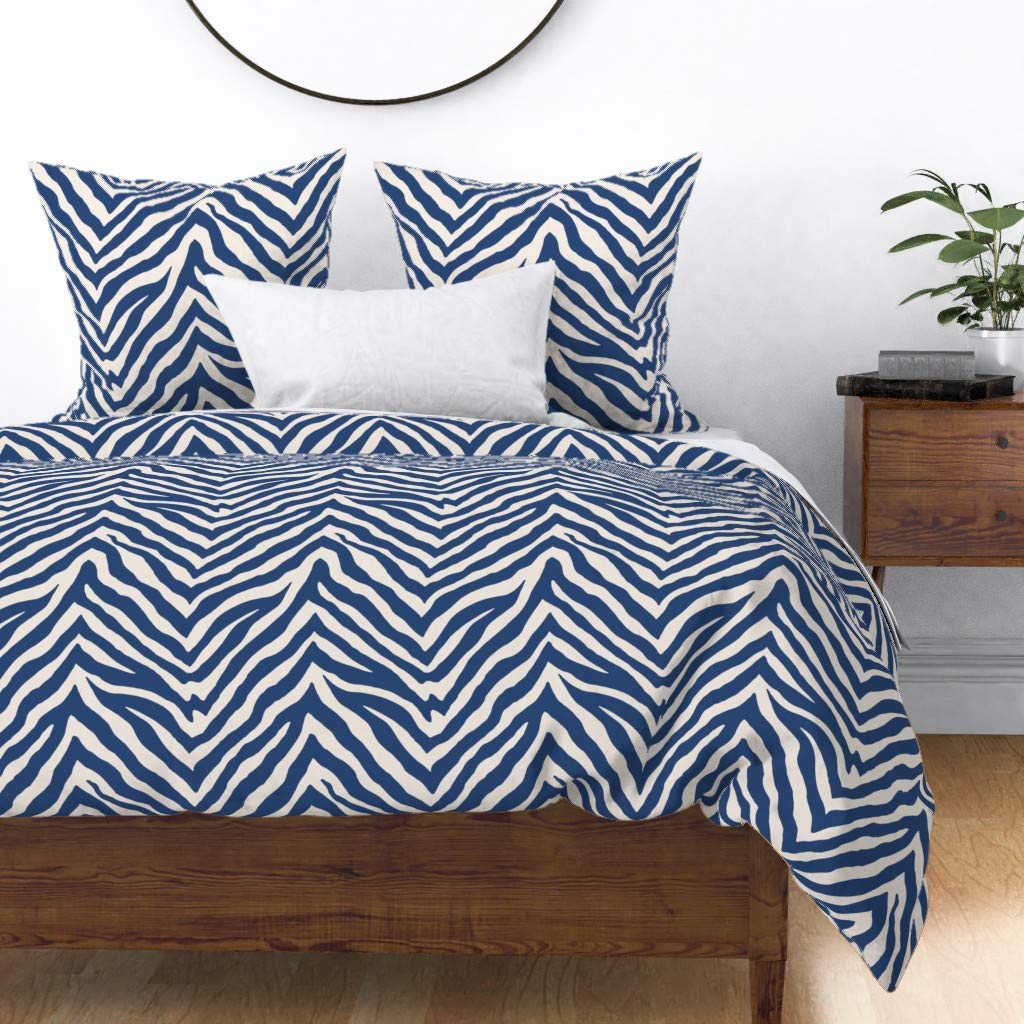 Custom Zebra Navy Animal Print Cotton Sateen Duvet Cover - Full/Queen Size Safari Bedding Set | Soft Luxury Duvet Cover for Modern Bedroom Decor, Jungle Theme Nursery or Bohemian Style Home
