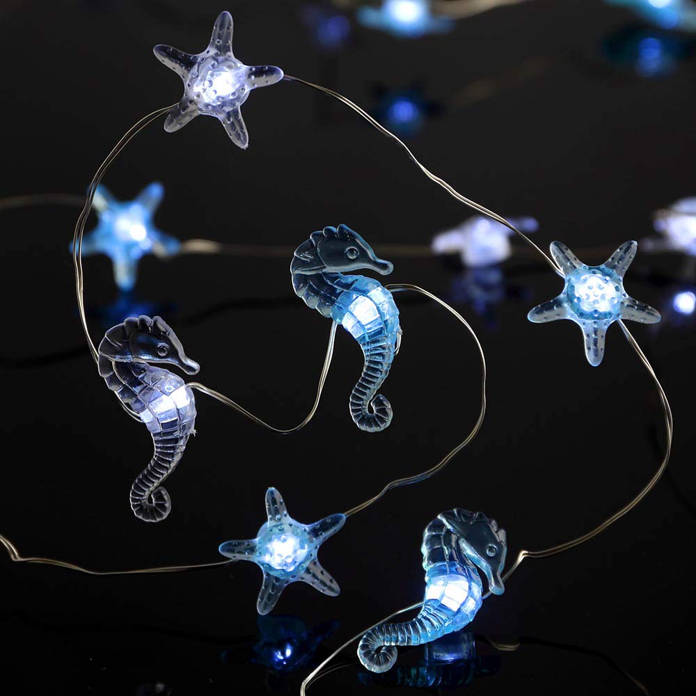 10ft 40 LED Waterproof Nautical String Lights - Battery Operated with Remote & Timer - Under The Sea Decor for Beach, Home, Party & Wedding Decorations - Starfish & Seahorse Themed Oceanic Lighting
