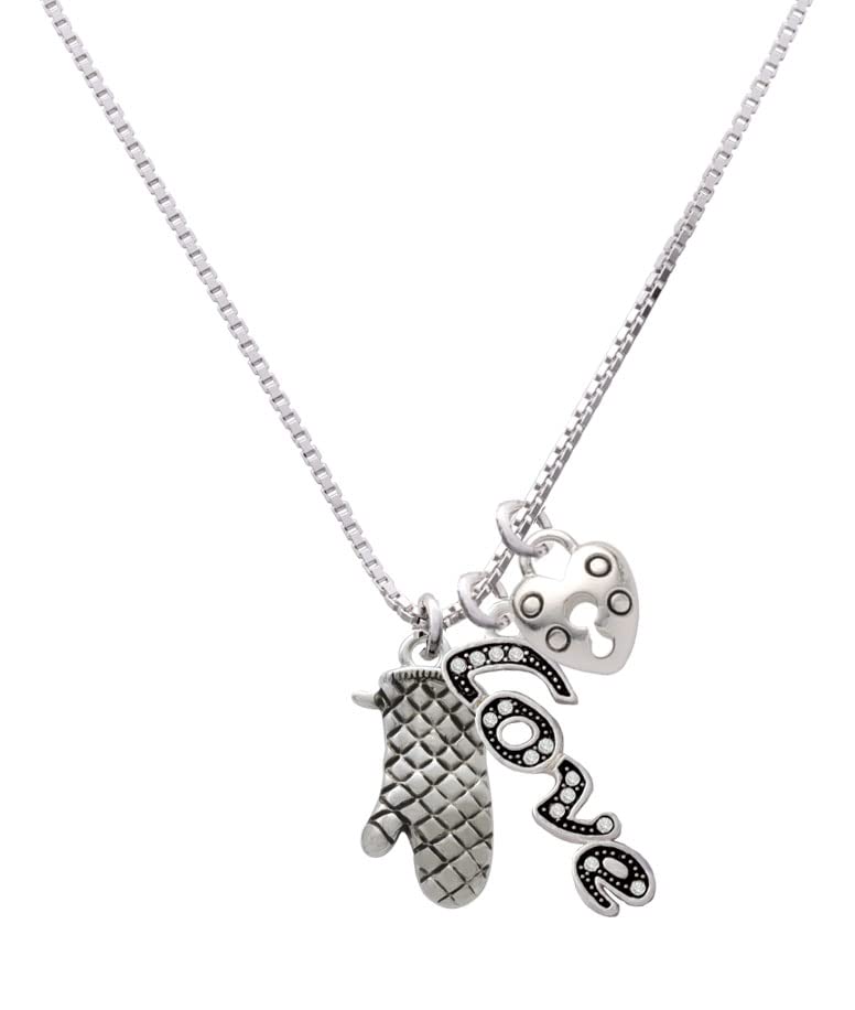 Delight Jewelry Silver Tone Oven Mitt - Love & Lock Charm Necklace 18+1 Inch Adjustable for Baking, Cooking, Kitchen Use & Fashion Accessory