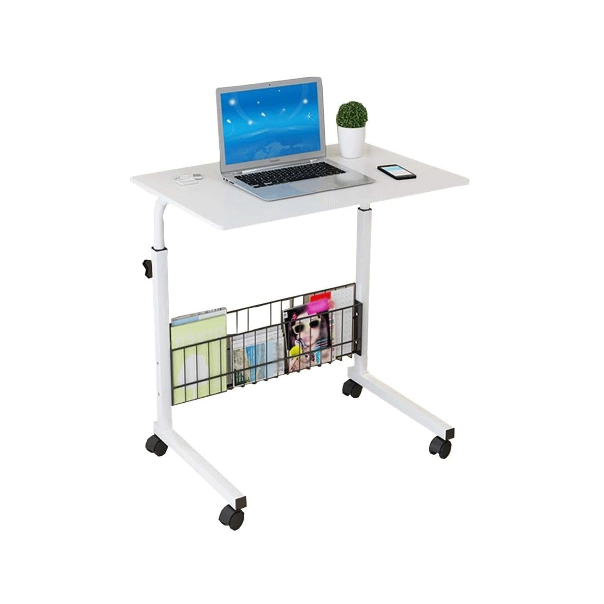 POCHY Adjustable Height Overbed Table with Lockable Wheels - Mobile Standing Desk for Laptop, Bedside Work, and Dining in Bed - Steel Frame Side Table for Home, Hospital, and Office Use